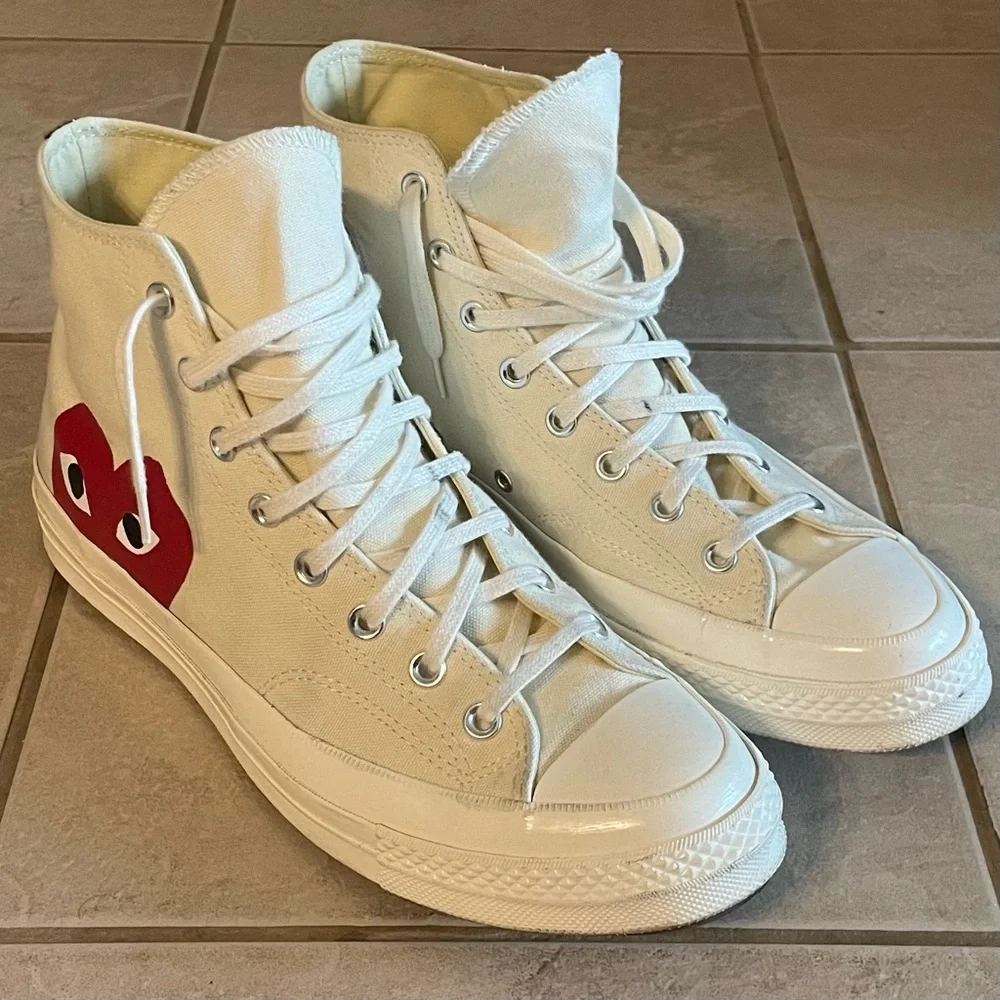 💲OLD - CDG Cream authentic retro high Converse top canvas sneakers - SIZE 11 - Picture 1 of 13